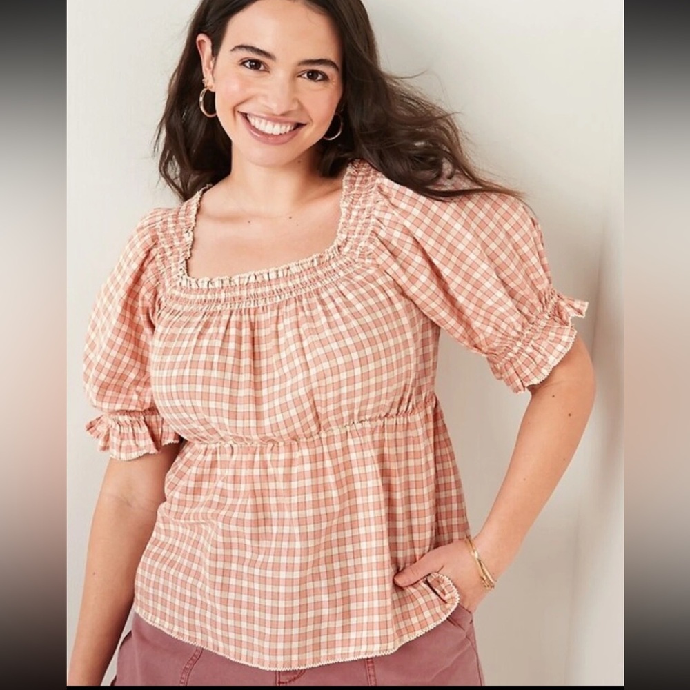 Old Navy Womens Smocked Plaid Puff‑Sleeve Babydoll Top PinkSize 4X